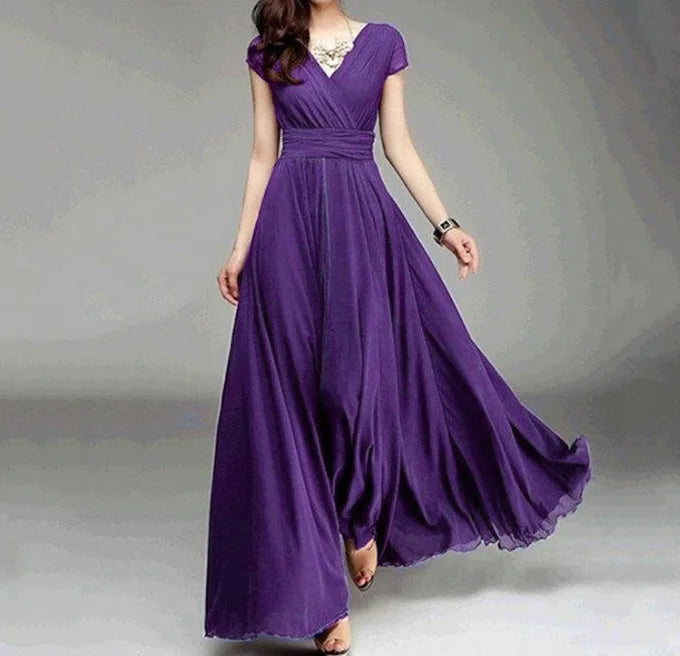 Vestido de noche de gasa de manga corta para mujer, vestido de fiesta femenino, monocromático, bohemio, largo, elegante, nuevo, 2022