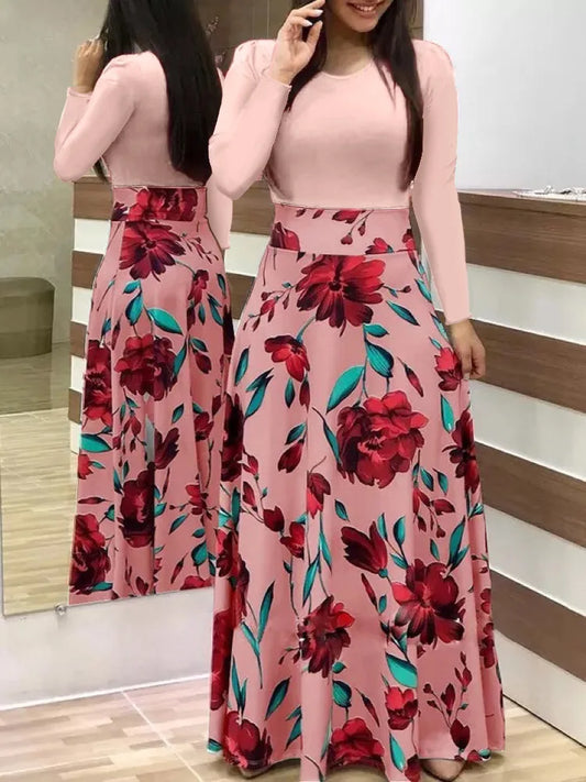 Venta caliente de otoño vestidos a juego de colores de flores europeas y americanas, vestidos largos, ropa de mujer en stock