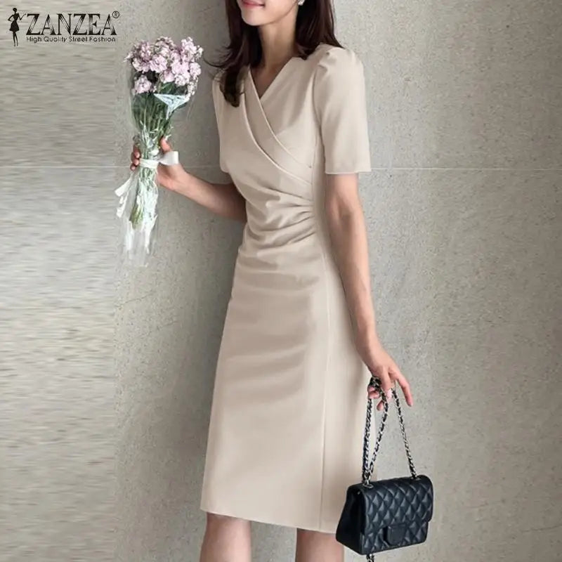 ZANZEA, vestidos de verano para mujer con cuello en V, Vestido informal de fiesta Bodycorn, Vestido de manga corta para mujer, Vestido elegante de trabajo, Vestido ajustado 2025