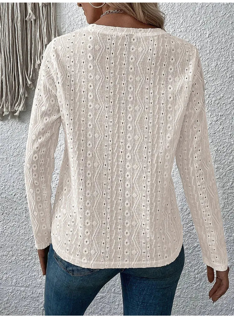 Otoño nuevo sólido camisetas de manga larga de las mujeres O cuello liso hueco Tops 2025 primavera femenina Simple Casual camiseta básica caqui