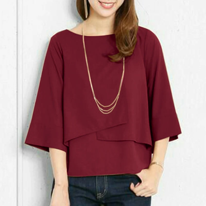 ZANZEA-Blusa de media manga para mujer, Tops de doble capa, camisa informal, Túnica de cuello redondo, Blusas lisas simples y elegantes de gran tamaño, verano 2025