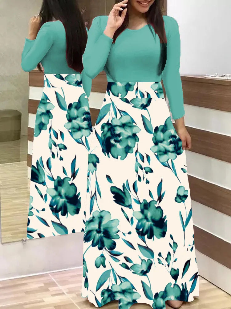 Venta caliente de otoño vestidos a juego de colores de flores europeas y americanas, vestidos largos, ropa de mujer en stock