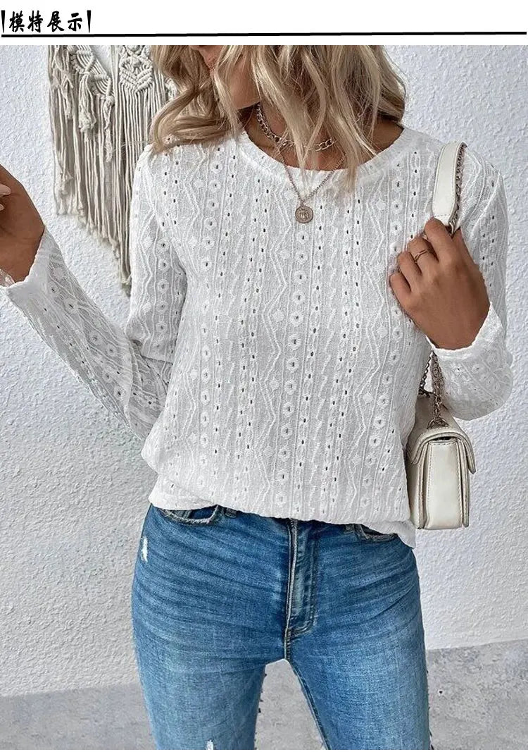 Otoño nuevo sólido camisetas de manga larga de las mujeres O cuello liso hueco Tops 2025 primavera femenina Simple Casual camiseta básica caqui