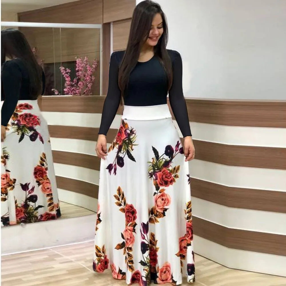 Venta caliente de otoño vestidos a juego de colores de flores europeas y americanas, vestidos largos, ropa de mujer en stock