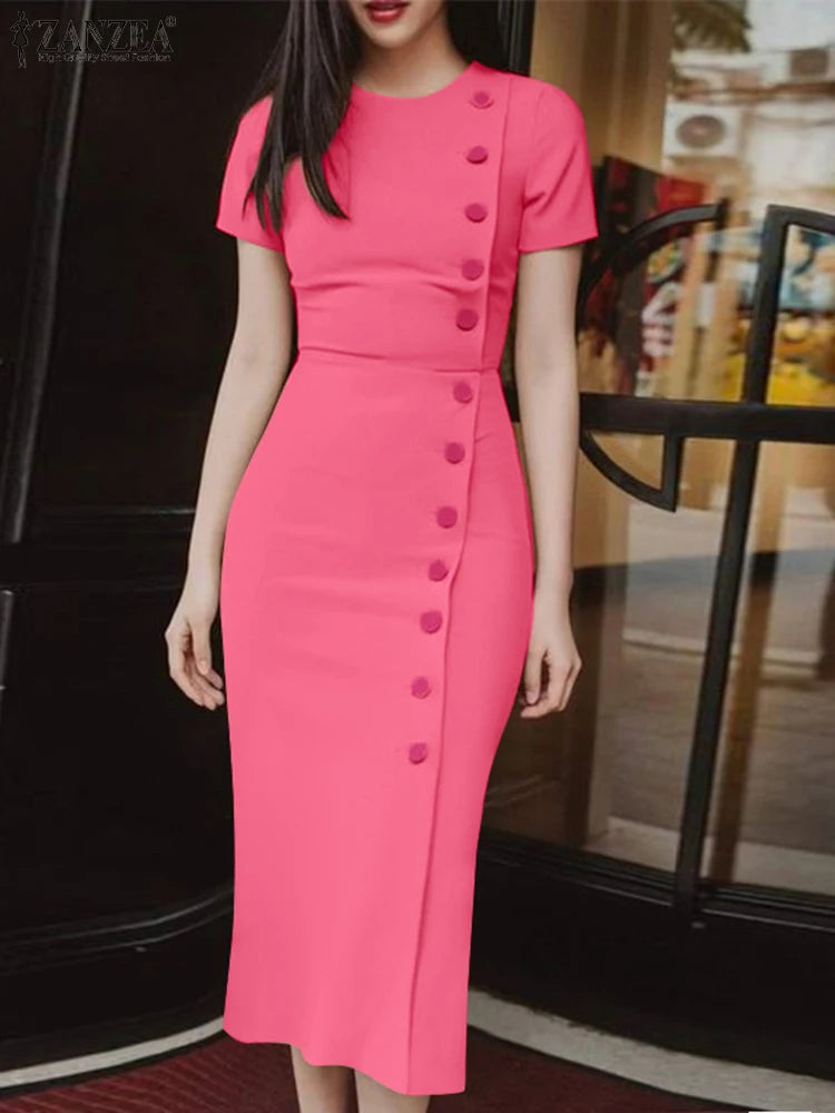 ZANZEA-Vestido largo elegante de talla grande para mujer, vestido de fiesta de manga corta, informal, ajustado a la cadera, por debajo de la rodilla, con botones, liso