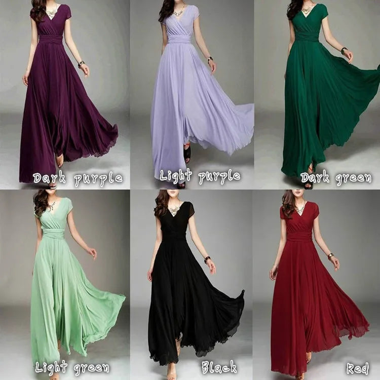Vestido de noche de gasa de manga corta para mujer, vestido de fiesta femenino, monocromático, bohemio, largo, elegante, nuevo, 2022
