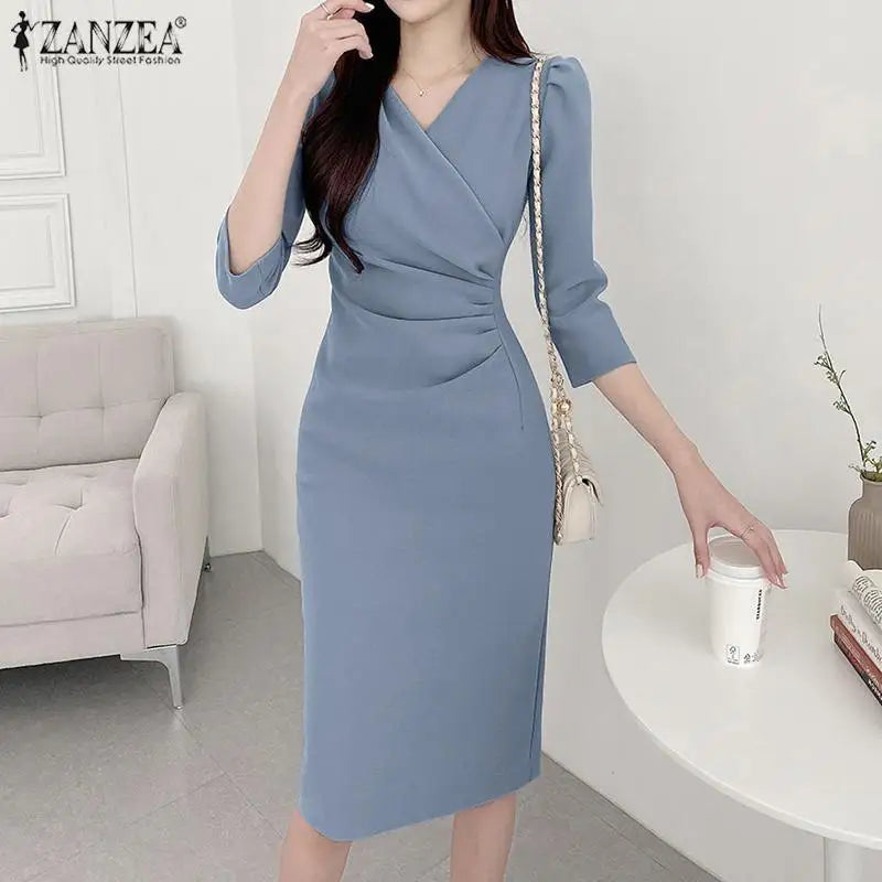 ZANZEA-vestido veraniego a la moda para mujer, vestido Sexy de Color sólido hasta la rodilla, vestido veraniego ajustado, elegante, manga 3/4, cuello en V, Vestidos OL de trabajo 2025