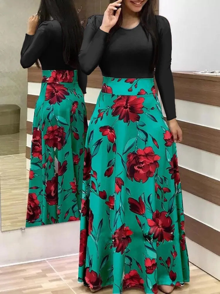 Venta caliente de otoño vestidos a juego de colores de flores europeas y americanas, vestidos largos, ropa de mujer en stock
