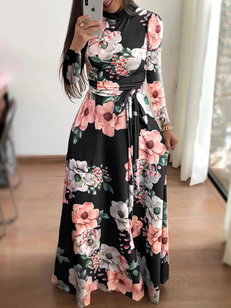 Vestidos ajustados para mujer, vestido informal de manga larga con cuello redondo y estampado de flores, falda larga hasta el suelo, ropa para mujer