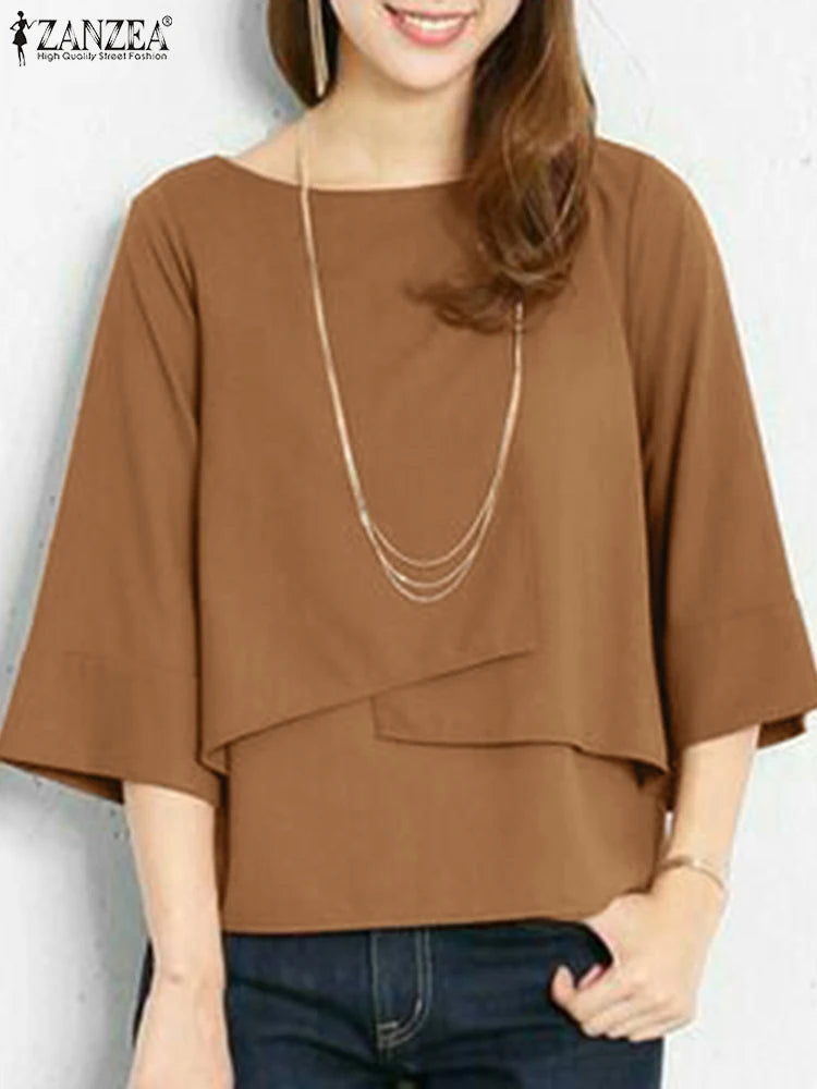 ZANZEA-Blusa de media manga para mujer, Tops de doble capa, camisa informal, Túnica de cuello redondo, Blusas lisas simples y elegantes de gran tamaño, verano 2025