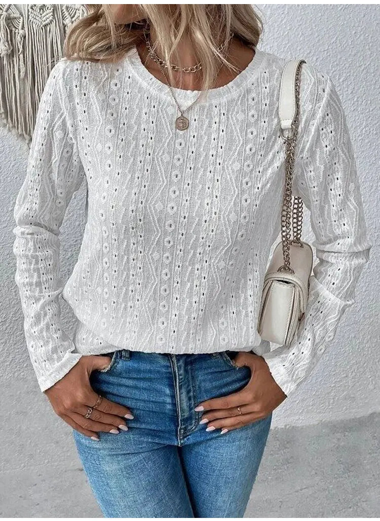 Otoño nuevo sólido camisetas de manga larga de las mujeres O cuello liso hueco Tops 2025 primavera femenina Simple Casual camiseta básica caqui