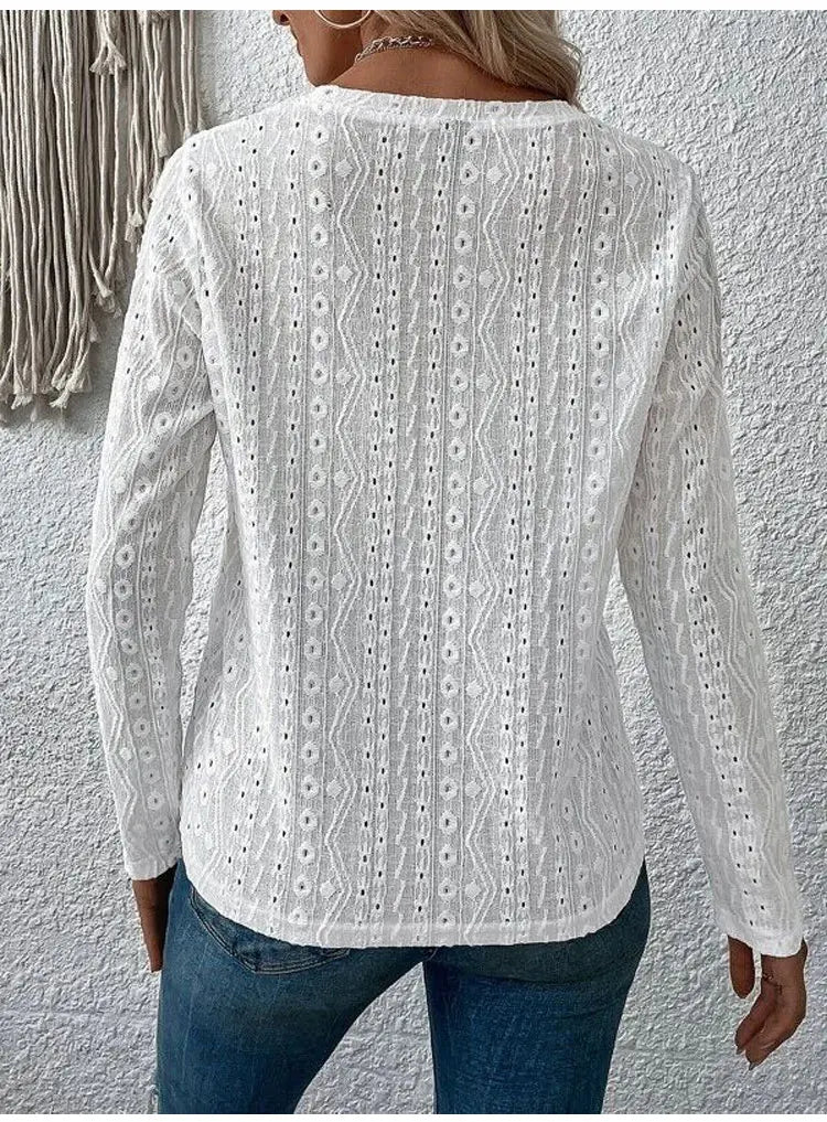Otoño nuevo sólido camisetas de manga larga de las mujeres O cuello liso hueco Tops 2025 primavera femenina Simple Casual camiseta básica caqui