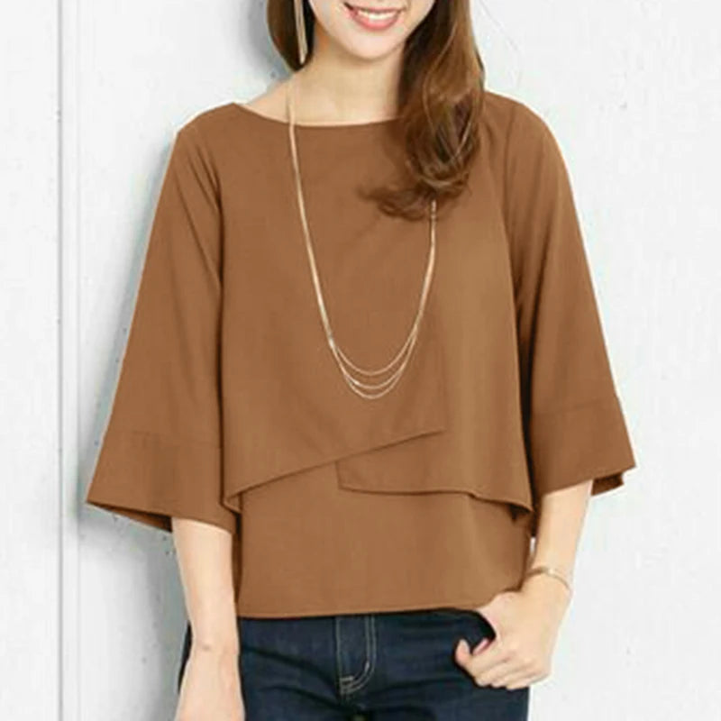 ZANZEA-Blusa de media manga para mujer, Tops de doble capa, camisa informal, Túnica de cuello redondo, Blusas lisas simples y elegantes de gran tamaño, verano 2025
