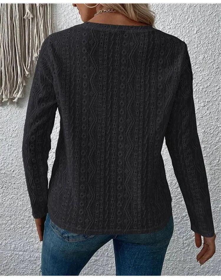 Otoño nuevo sólido camisetas de manga larga de las mujeres O cuello liso hueco Tops 2025 primavera femenina Simple Casual camiseta básica caqui
