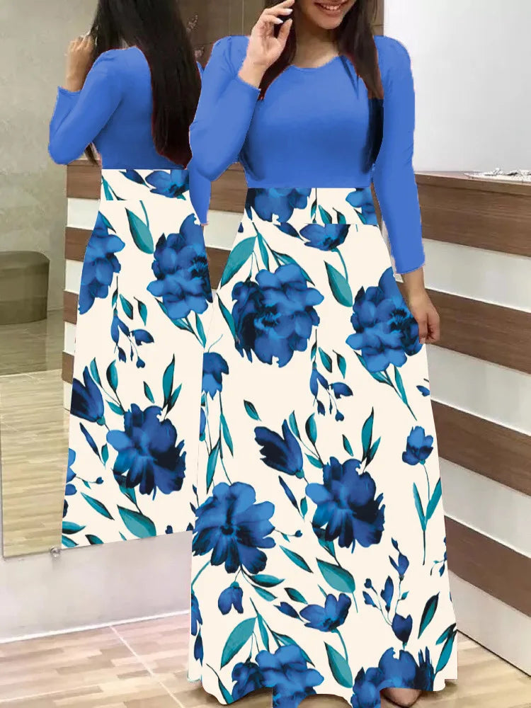 Venta caliente de otoño vestidos a juego de colores de flores europeas y americanas, vestidos largos, ropa de mujer en stock