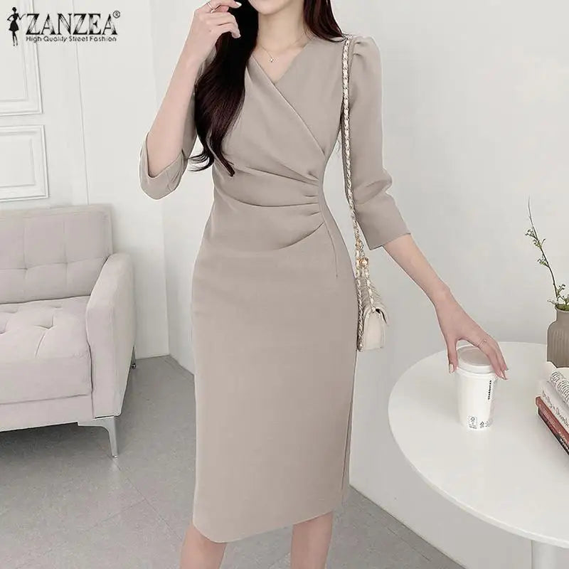 ZANZEA-vestido veraniego a la moda para mujer, vestido Sexy de Color sólido hasta la rodilla, vestido veraniego ajustado, elegante, manga 3/4, cuello en V, Vestidos OL de trabajo 2025