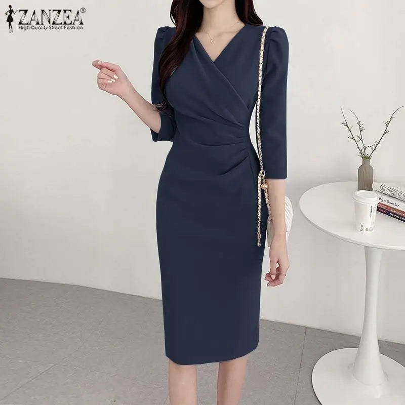 ZANZEA-vestido veraniego a la moda para mujer, vestido Sexy de Color sólido hasta la rodilla, vestido veraniego ajustado, elegante, manga 3/4, cuello en V, Vestidos OL de trabajo 2025