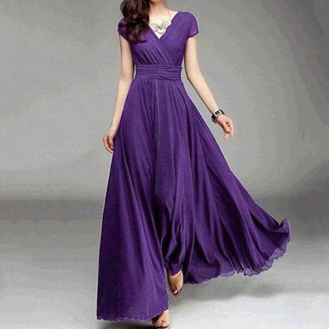 Vestido de noche de gasa de manga corta para mujer, vestido de fiesta femenino, monocromático, bohemio, largo, elegante, nuevo, 2022