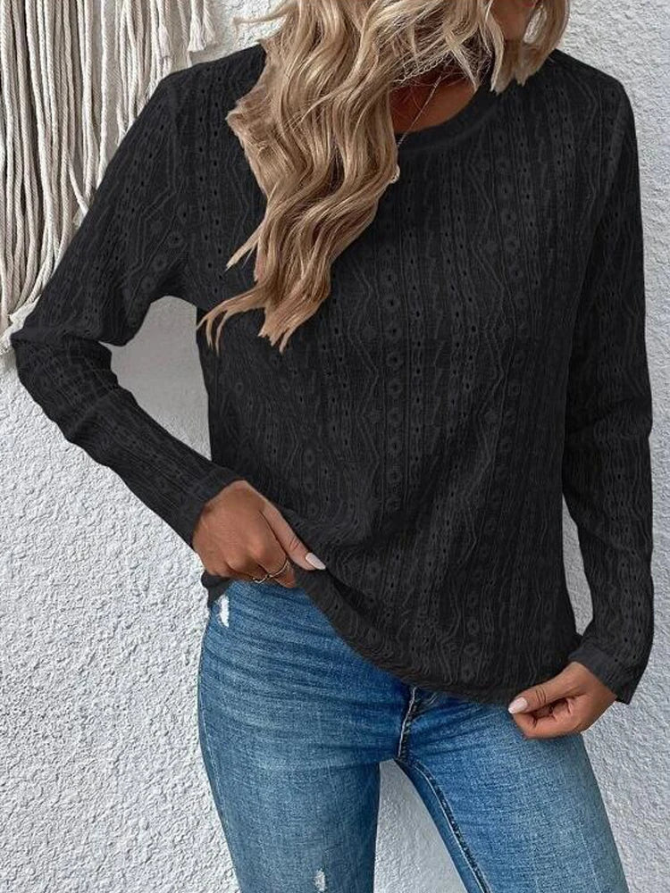 Otoño nuevo sólido camisetas de manga larga de las mujeres O cuello liso hueco Tops 2025 primavera femenina Simple Casual camiseta básica caqui