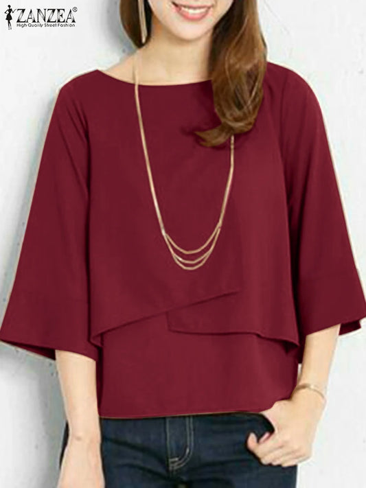 ZANZEA-Blusa de media manga para mujer, Tops de doble capa, camisa informal, Túnica de cuello redondo, Blusas lisas simples y elegantes de gran tamaño, verano 2025