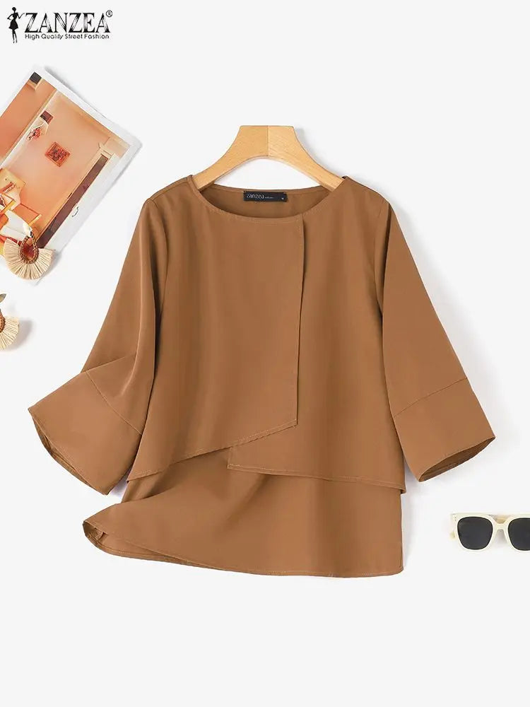ZANZEA-Blusa de media manga para mujer, Tops de doble capa, camisa informal, Túnica de cuello redondo, Blusas lisas simples y elegantes de gran tamaño, verano 2025