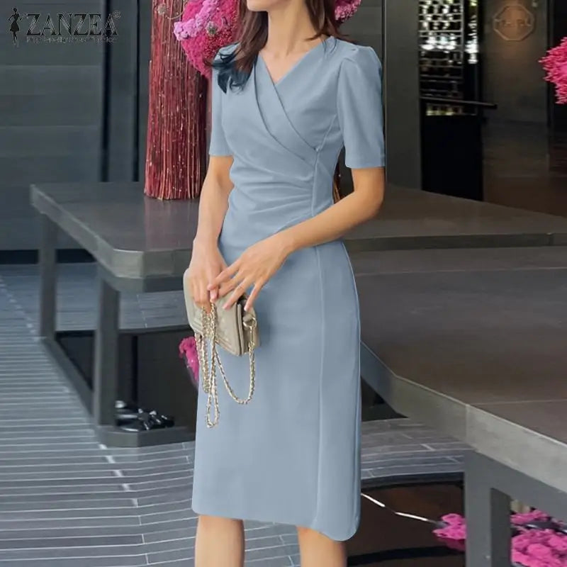 ZANZEA, vestidos de verano para mujer con cuello en V, Vestido informal de fiesta Bodycorn, Vestido de manga corta para mujer, Vestido elegante de trabajo, Vestido ajustado 2025