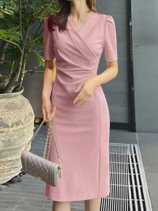 ZANZEA, vestidos de verano para mujer con cuello en V, Vestido informal de fiesta Bodycorn, Vestido de manga corta para mujer, Vestido elegante de trabajo, Vestido ajustado 2025