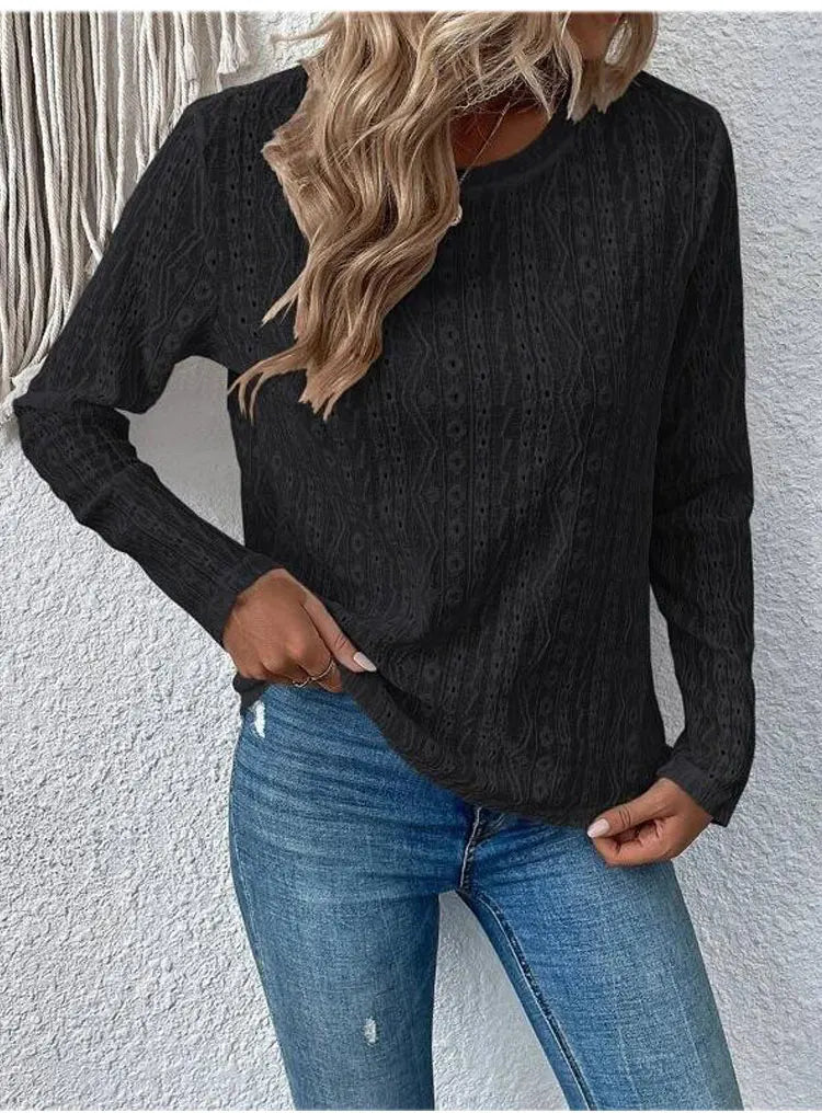 Otoño nuevo sólido camisetas de manga larga de las mujeres O cuello liso hueco Tops 2025 primavera femenina Simple Casual camiseta básica caqui
