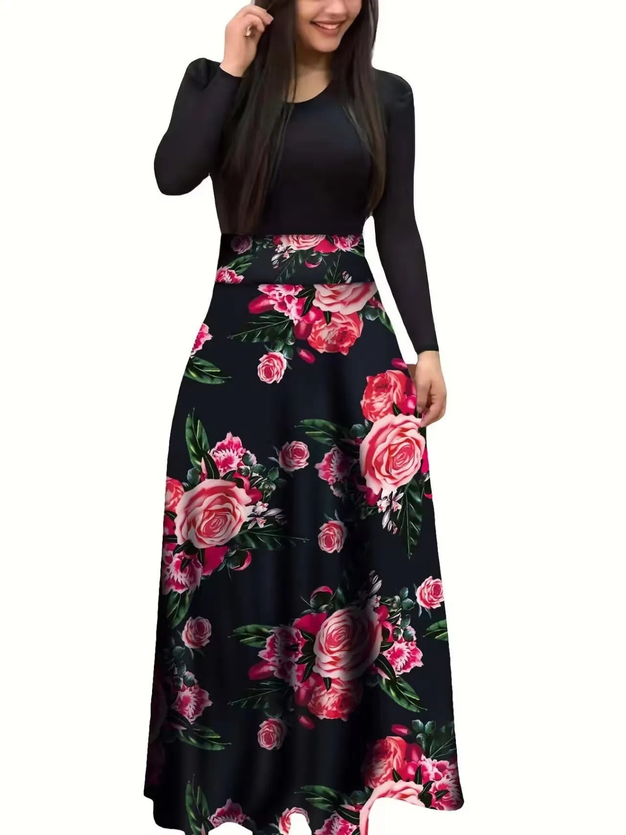 Venta caliente de otoño vestidos a juego de colores de flores europeas y americanas, vestidos largos, ropa de mujer en stock