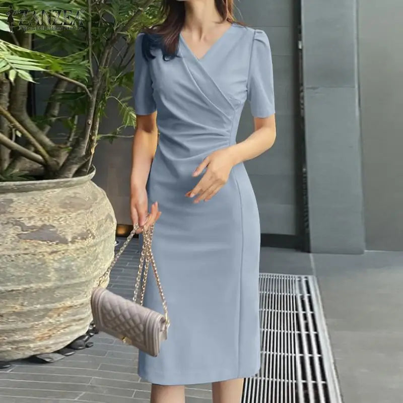 ZANZEA, vestidos de verano para mujer con cuello en V, Vestido informal de fiesta Bodycorn, Vestido de manga corta para mujer, Vestido elegante de trabajo, Vestido ajustado 2025