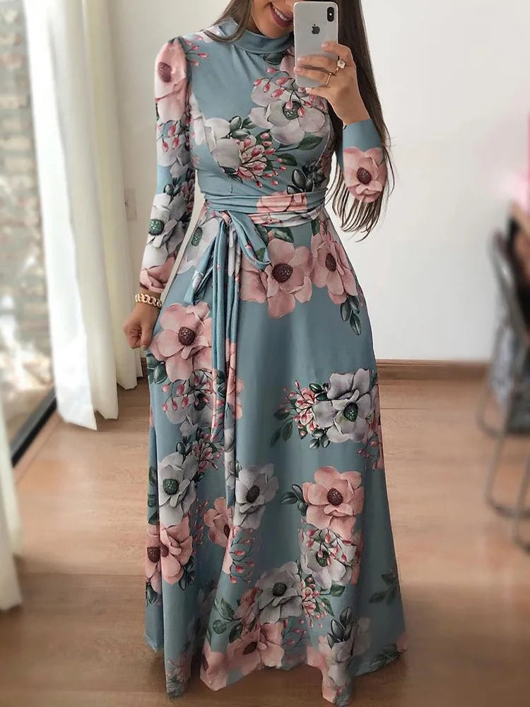 Vestidos ajustados para mujer, vestido informal de manga larga con cuello redondo y estampado de flores, falda larga hasta el suelo, ropa para mujer