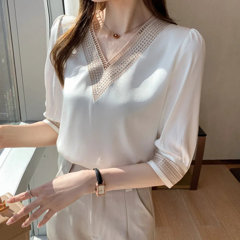 Blusas bordadas de media manga de encaje blanco para mujer, Tops holgados de gasa con cuello en V, camisa elegante para oficina para mujer 2024 13366