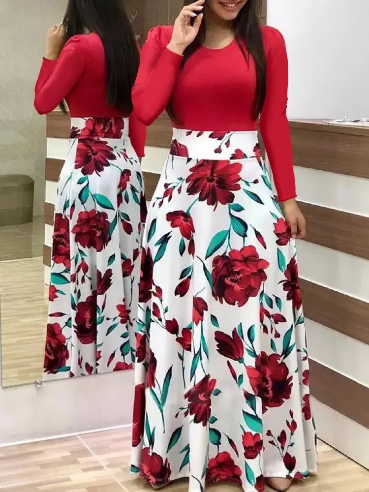 Venta caliente de otoño vestidos a juego de colores de flores europeas y americanas, vestidos largos, ropa de mujer en stock