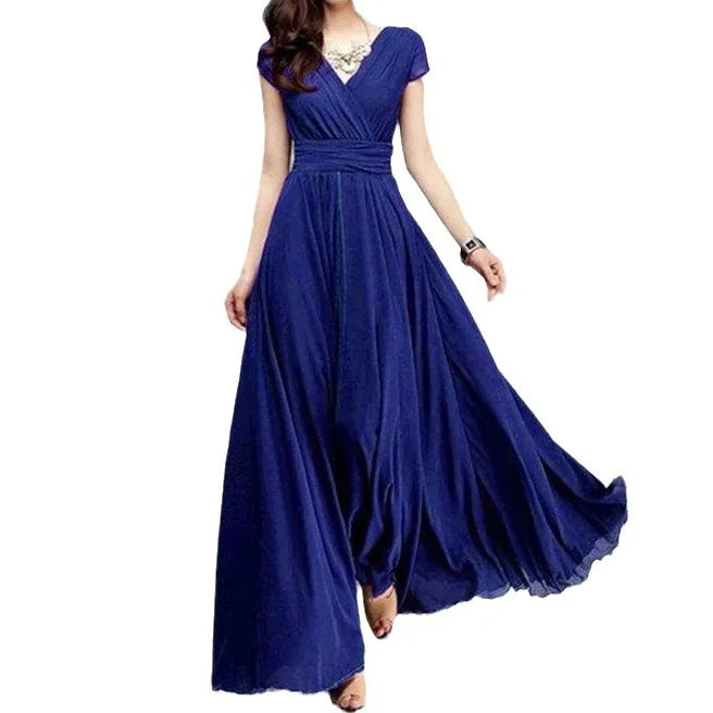 Vestido de noche de gasa de manga corta para mujer, vestido de fiesta femenino, monocromático, bohemio, largo, elegante, nuevo, 2022
