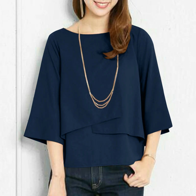 ZANZEA-Blusa de media manga para mujer, Tops de doble capa, camisa informal, Túnica de cuello redondo, Blusas lisas simples y elegantes de gran tamaño, verano 2025