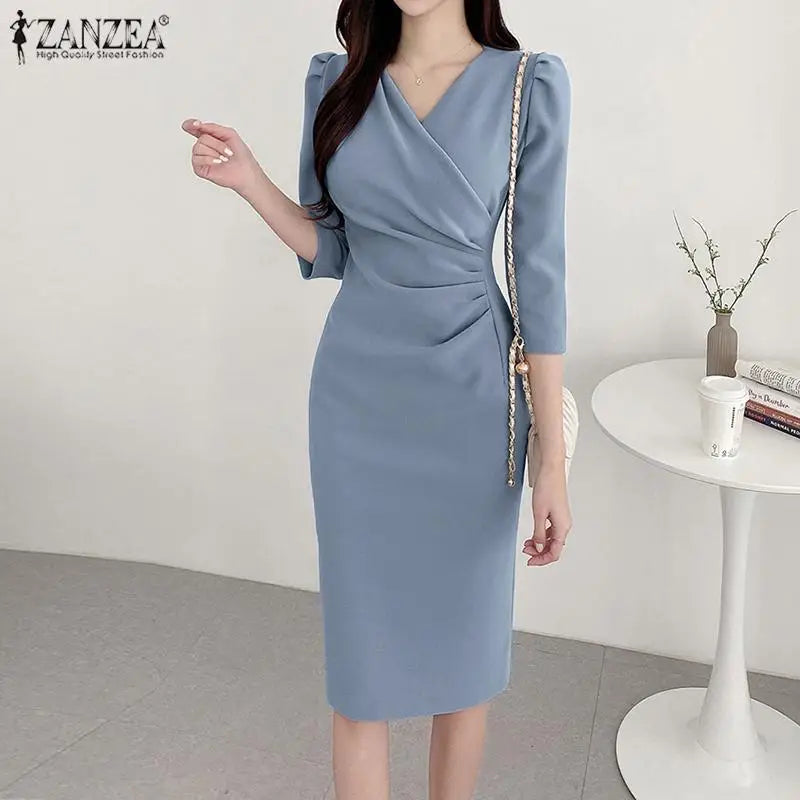 ZANZEA-vestido veraniego a la moda para mujer, vestido Sexy de Color sólido hasta la rodilla, vestido veraniego ajustado, elegante, manga 3/4, cuello en V, Vestidos OL de trabajo 2025
