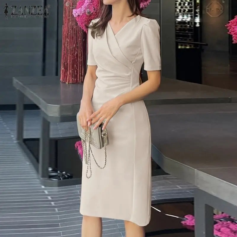 ZANZEA, vestidos de verano para mujer con cuello en V, Vestido informal de fiesta Bodycorn, Vestido de manga corta para mujer, Vestido elegante de trabajo, Vestido ajustado 2025