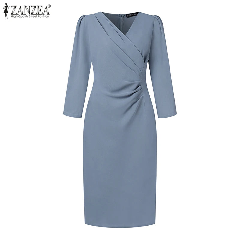 ZANZEA-vestido veraniego a la moda para mujer, vestido Sexy de Color sólido hasta la rodilla, vestido veraniego ajustado, elegante, manga 3/4, cuello en V, Vestidos OL de trabajo 2025