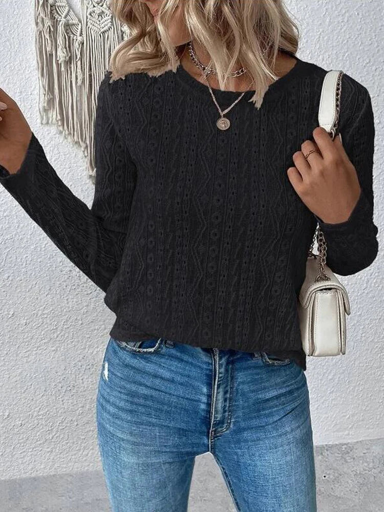 Otoño nuevo sólido camisetas de manga larga de las mujeres O cuello liso hueco Tops 2025 primavera femenina Simple Casual camiseta básica caqui