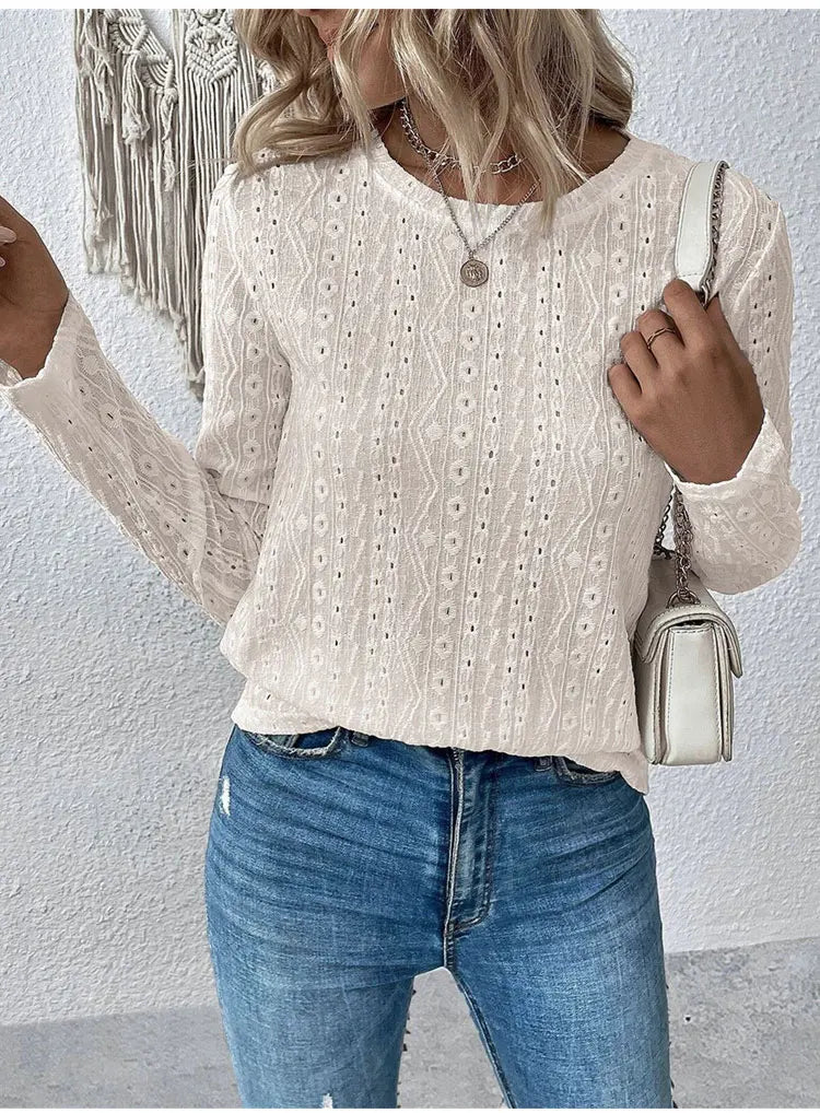 Otoño nuevo sólido camisetas de manga larga de las mujeres O cuello liso hueco Tops 2025 primavera femenina Simple Casual camiseta básica caqui
