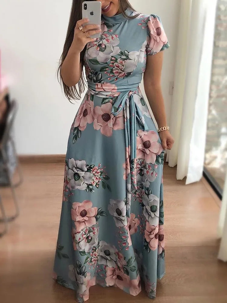 Vestidos ajustados para mujer, vestido informal de manga larga con cuello redondo y estampado de flores, falda larga hasta el suelo, ropa para mujer