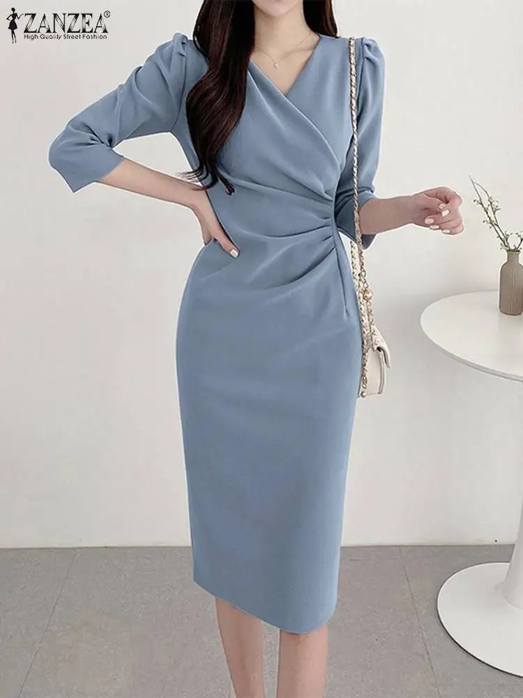 ZANZEA-vestido veraniego a la moda para mujer, vestido Sexy de Color sólido hasta la rodilla, vestido veraniego ajustado, elegante, manga 3/4, cuello en V, Vestidos OL de trabajo 2025