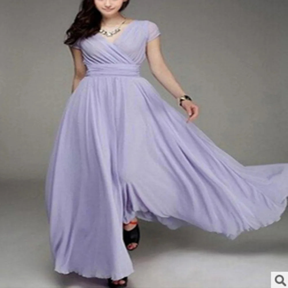 Vestido de noche de gasa de manga corta para mujer, vestido de fiesta femenino, monocromático, bohemio, largo, elegante, nuevo, 2022