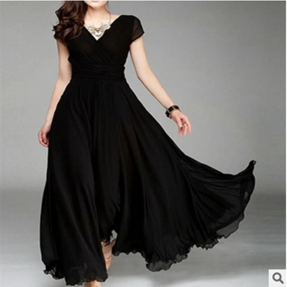 Vestido de noche de gasa de manga corta para mujer, vestido de fiesta femenino, monocromático, bohemio, largo, elegante, nuevo, 2022