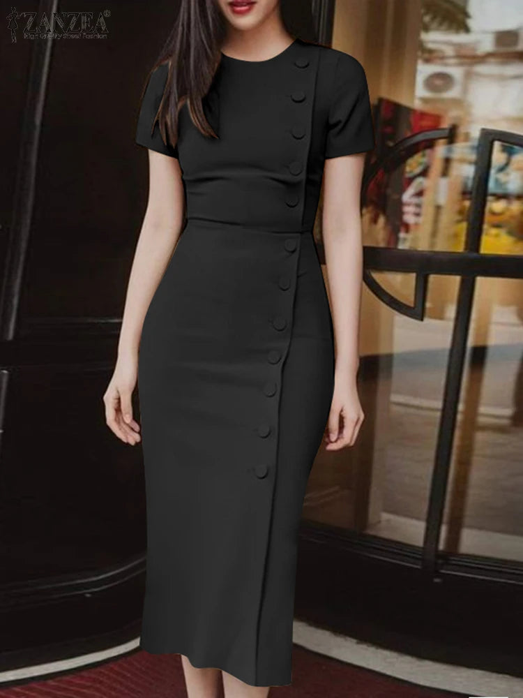 ZANZEA-Vestido largo elegante de talla grande para mujer, vestido de fiesta de manga corta, informal, ajustado a la cadera, por debajo de la rodilla, con botones, liso