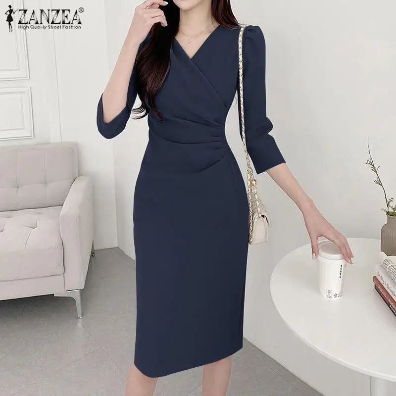 ZANZEA-vestido veraniego a la moda para mujer, vestido Sexy de Color sólido hasta la rodilla, vestido veraniego ajustado, elegante, manga 3/4, cuello en V, Vestidos OL de trabajo 2025