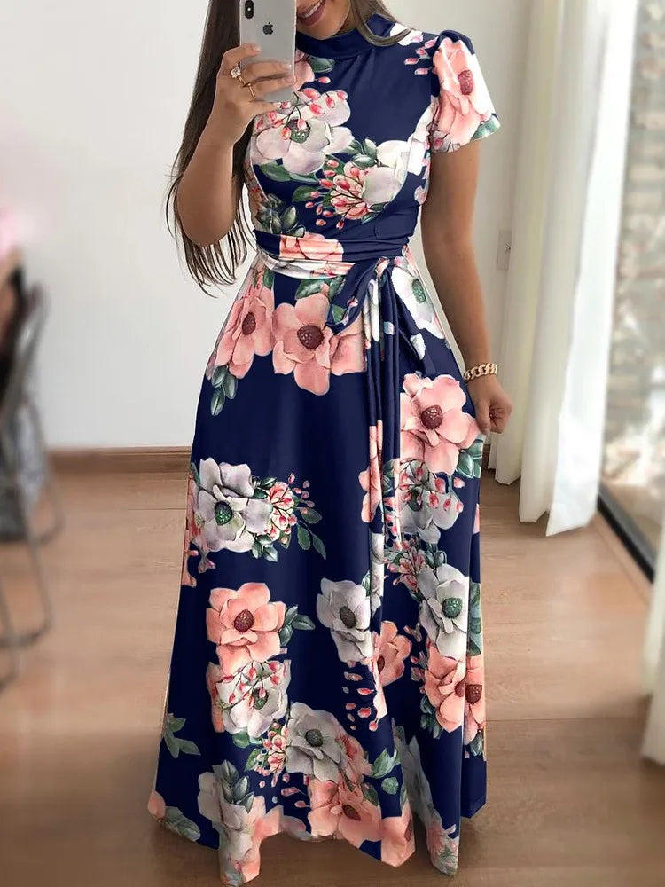 Vestidos ajustados para mujer, vestido informal de manga larga con cuello redondo y estampado de flores, falda larga hasta el suelo, ropa para mujer