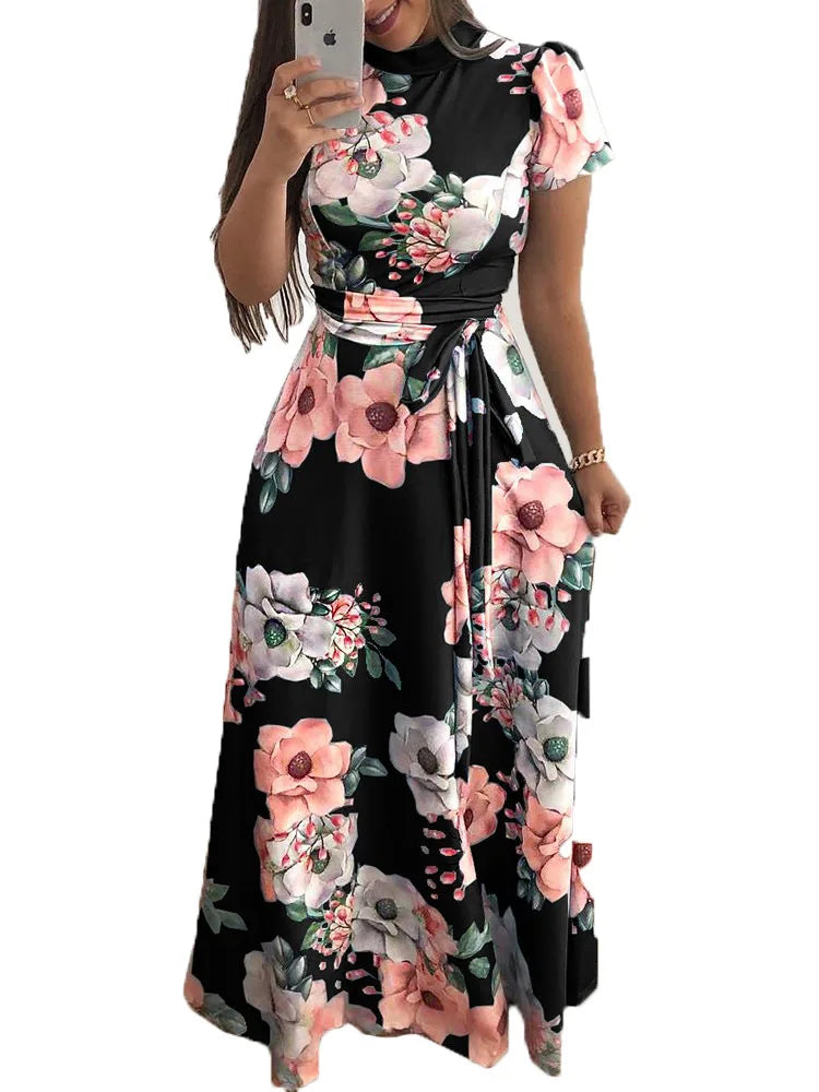 Vestidos ajustados para mujer, vestido informal de manga larga con cuello redondo y estampado de flores, falda larga hasta el suelo, ropa para mujer