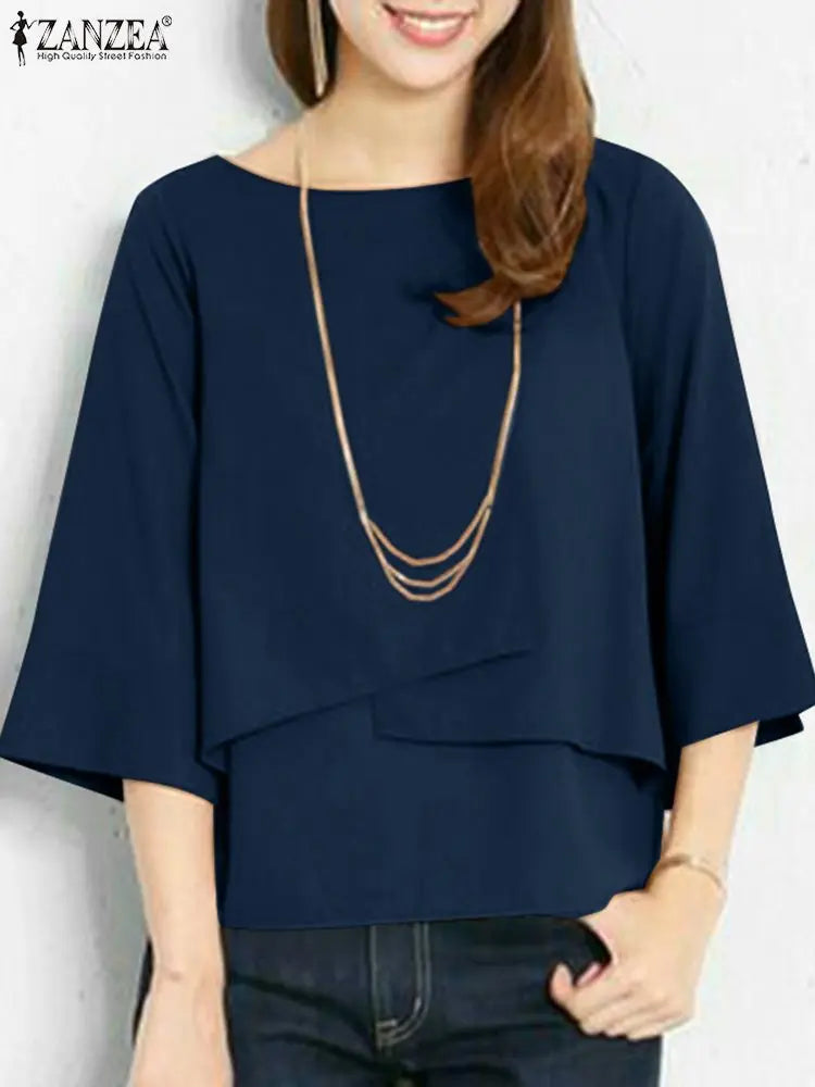 ZANZEA-Blusa de media manga para mujer, Tops de doble capa, camisa informal, Túnica de cuello redondo, Blusas lisas simples y elegantes de gran tamaño, verano 2025