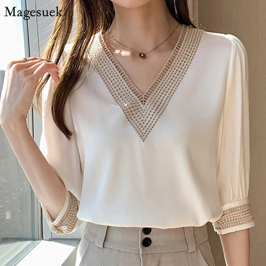 Blusas bordadas de media manga de encaje blanco para mujer, Tops holgados de gasa con cuello en V, camisa elegante para oficina para mujer 2024 13366